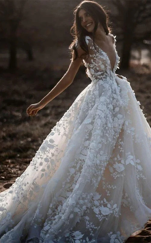 Sexy Cap Plunged Lace Applique Boho A-line Empire Wedding Dress