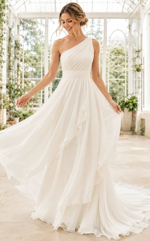 Ethereal One-Shoulder Tiered Chiffon A-Line Cascading Ruffle Chapel Wedding Gown