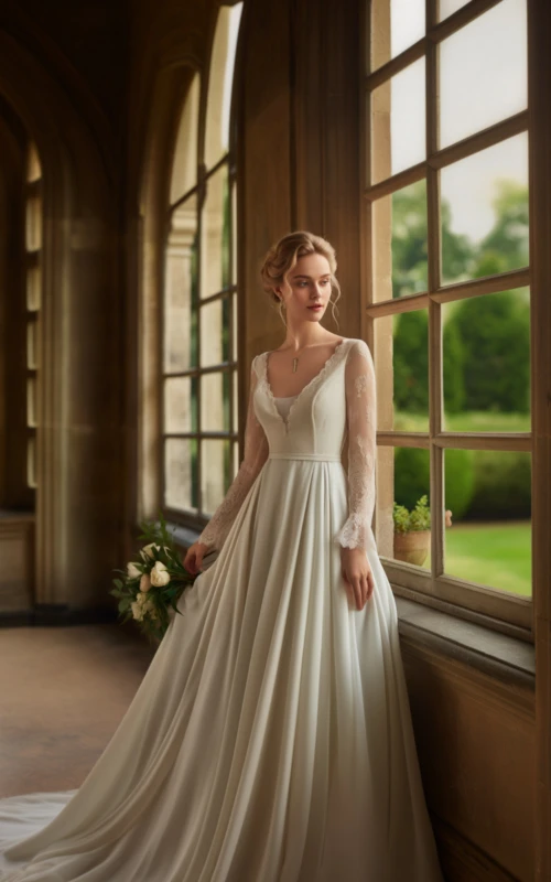 Ethreal V Neck Long Poet Sleeves Empire Waist Ruching Wedding Dress