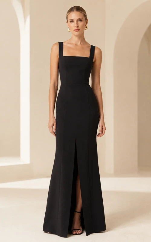 Black square neck sleeveless slit floor length gown dress
