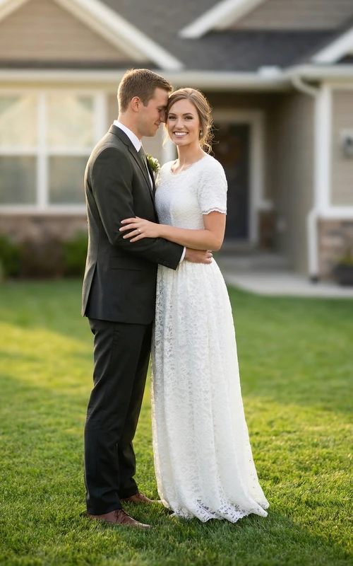 Modest Short Sleeve Lace Bridal Gown