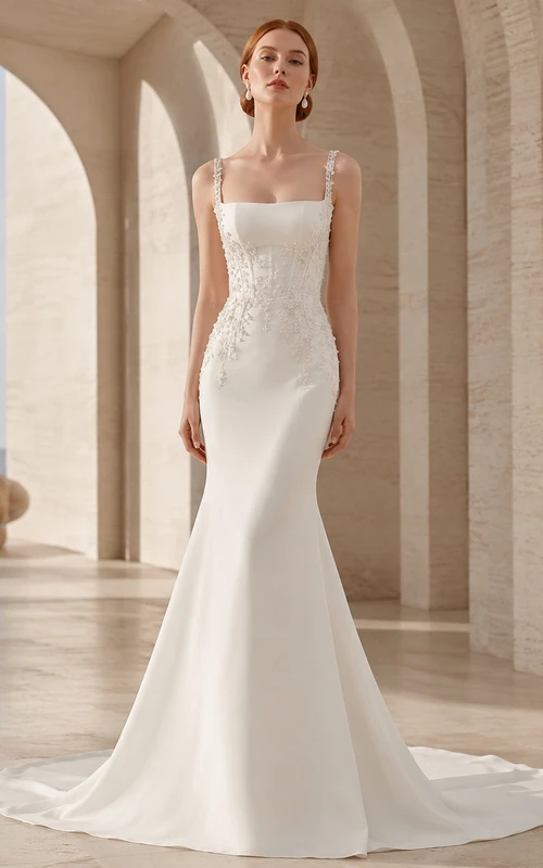 Architectural Satin Lace Square Neck Sleeveless Sheath Sweep Train Bodice Pavilion Bridal Wedding Dress