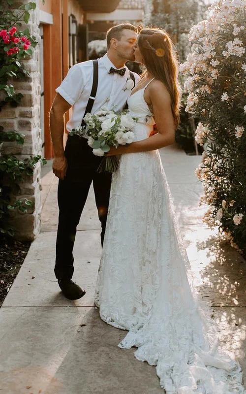 Sleeveless Spaghetti Front Split Lace Empire Sexy Beach Wedding Dress