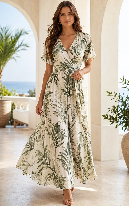 Botanical Leaf Print V-Neck Short Sleeve Maxi Dress