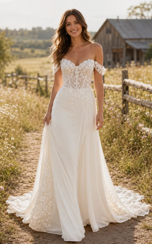 Robe de mariée champêtre en mousseline et dentelle, coupe trapèze, épaules dénudées, traîne chapelle