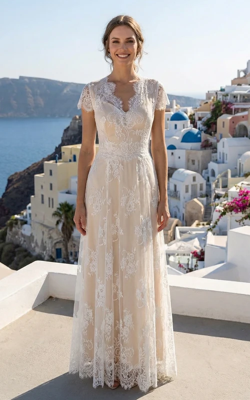 Cap Sleeve Lace Sheath Bridal Dress in Ivory