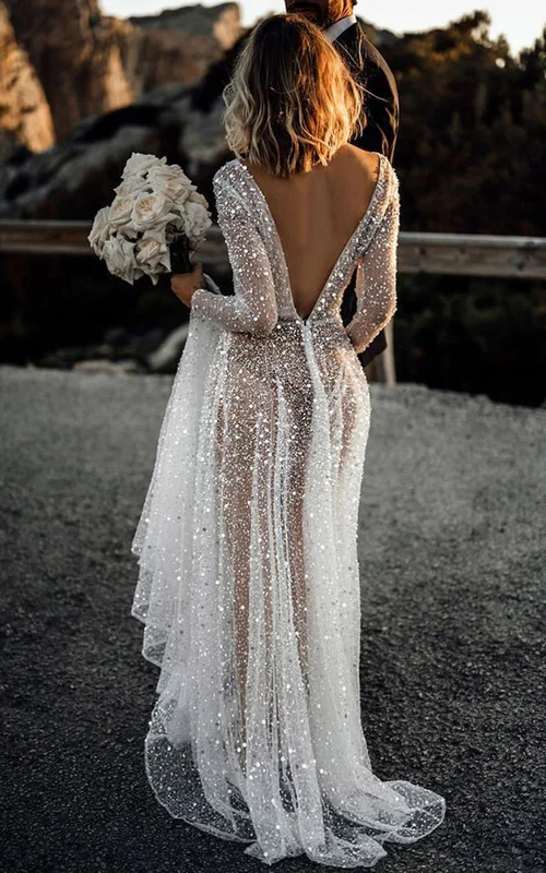 Ethereal Luxury Illusion Long Sleeve Sheath Beaded Floor-length Dress