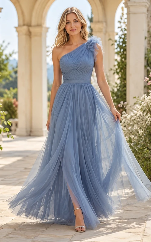 Slate Blue Tulle One Shoulder Floral A-Line Split Formal Prom Dress