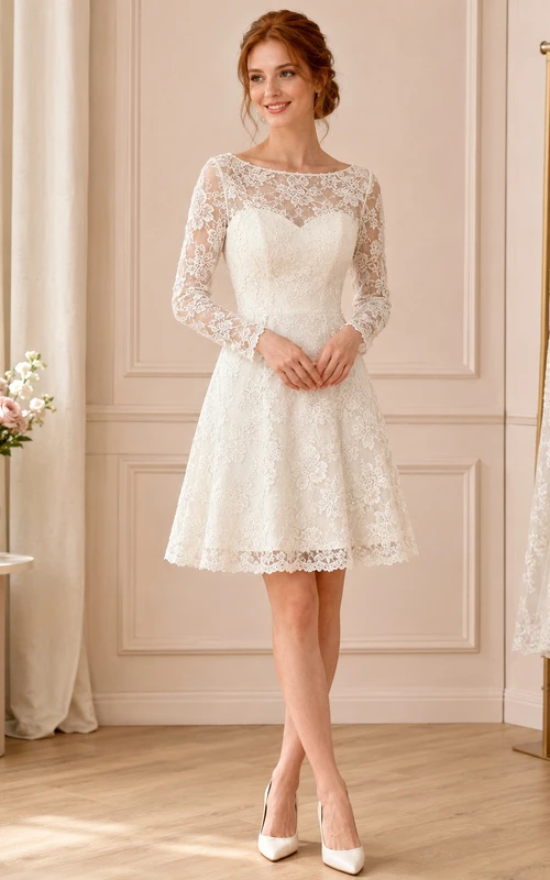 Romantic Civil Lace A Line Bateau Long Sleeve Knee Length Wedding Dress