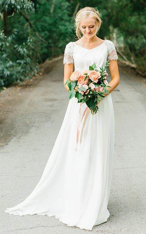 Casual V-neck Short-sleeve Chiffon Empire Wedding Dress with Beadings