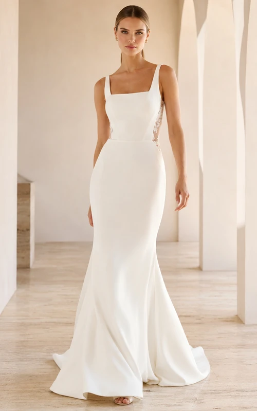 Charming Satin Square Neck Sleeveless Sheath Sweep Train Minimal Formal Bridal Wedding Dress