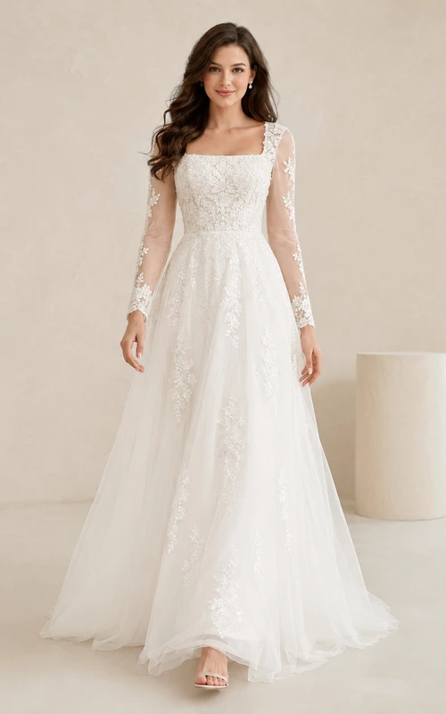 Square Neck Long Sleeve Lace A Line Bridal Gown