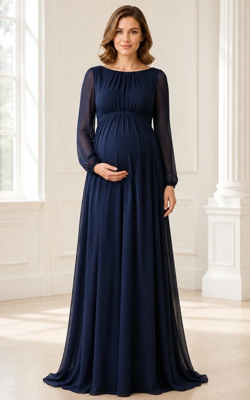 Dark Navy Maternity Scoop Neck Long Sleeve Chiffon A-Line Dress