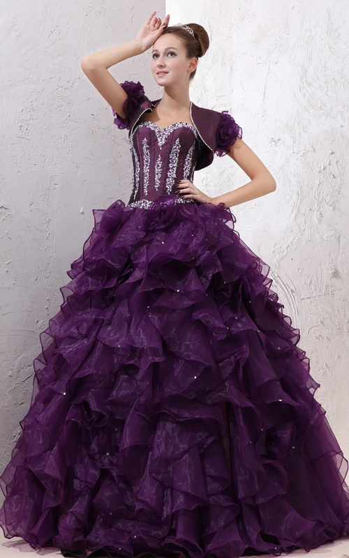 Robe de quinceañera bustier en organza à volants de cristal