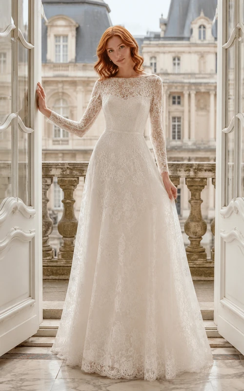 Bateau Neck Long Sleeve Lace European Balcony Gown