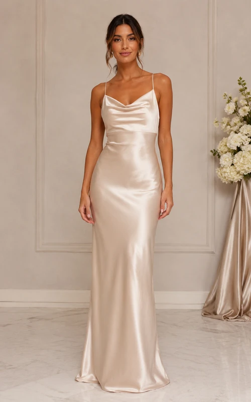champagne satin junior bridesmaid dress Fashion A-Line Neutral Champagne Satin Junior Bridesmaid Maxi Dress