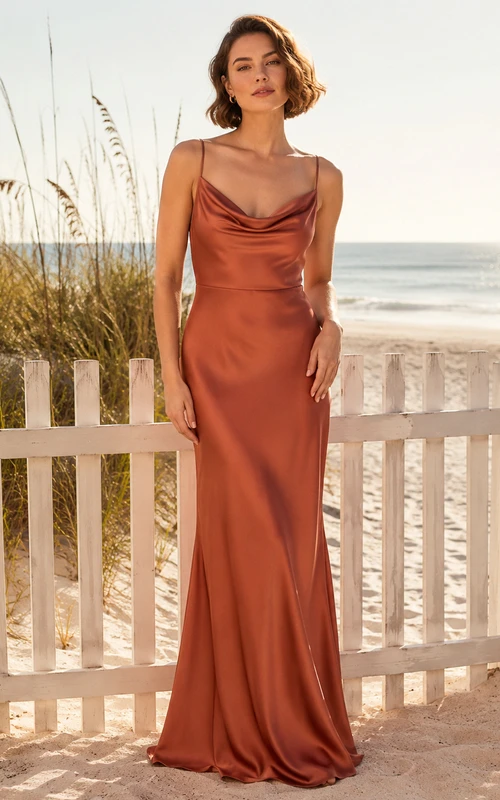 Papaya Beach Sheath Satin Bridesmaid Dress with Sleeveless Cowl Neck Spaghetti Strap Bodice, Ruched Floor-Length Skirt and Backless Straps