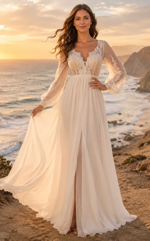 Lightweight V-Neck Long Lace Poet Sleeve Chiffon Beach Wedding Dress