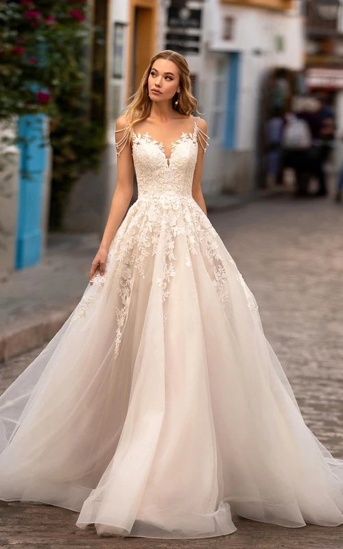Spaghetti Empire Lace Applique A-line Ball Gown Wedding Dress
