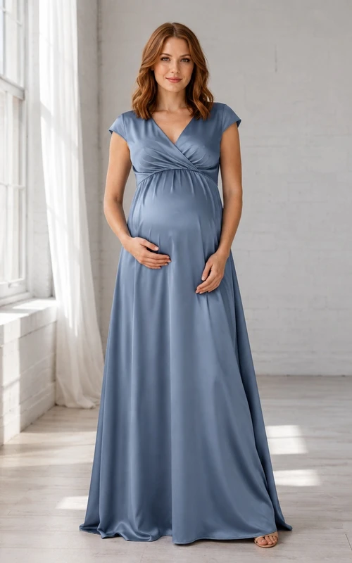 Steel Blue Maternity V-neck Short Sleeve Chiffon Empire Gown Dress