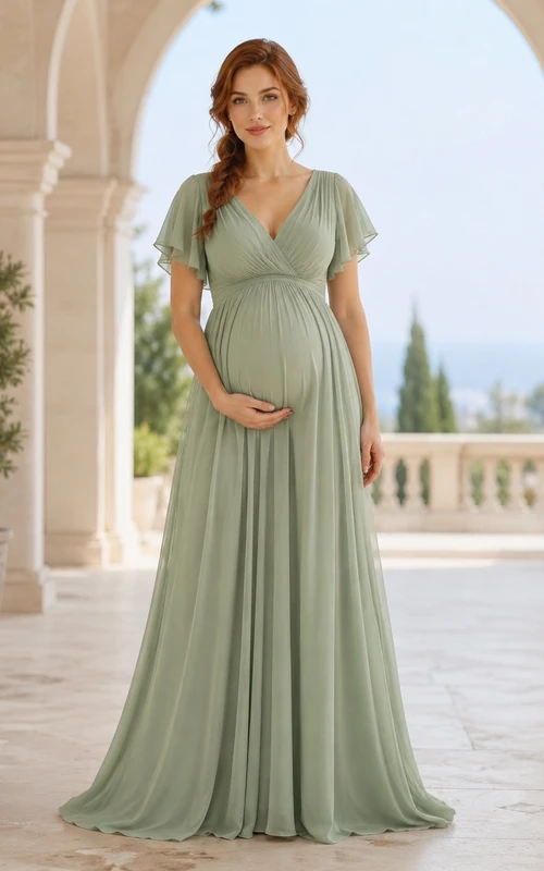 Modest Maternity Sage Chiffon A-Line Floor-Length V-Neck Short Sleeve Dress