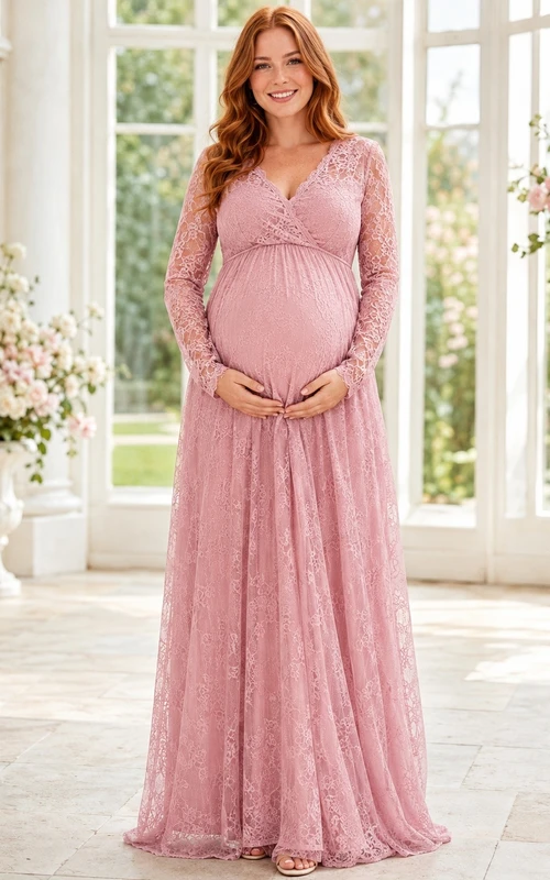 Vintage Mauve Square Neck Long Sleeve Empire Maternity Lace Maxi Dress