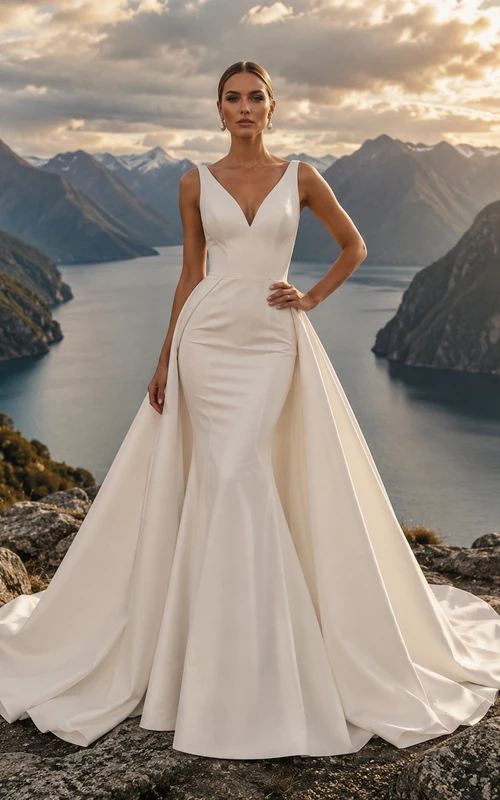 Deep V Strap Satin A-Line Flowing Side Panels Chapel Train Wedding Gown