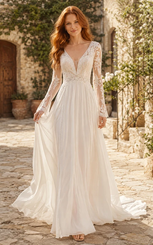 Bohemian V-Neck Long Illusion Sleeve Lace Chiffon A-Line Sweep Train Wedding Dress