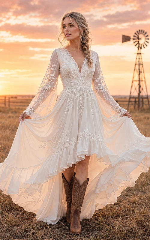 Ranch Country Boho Romantic A-Line Lace Chiffon Wedding Dress with V-Neck Illusion Bodice Bell Sleeves Long Sleeve High-Low Ruffled Tiered Low Back Deep V Detail Illusion Back