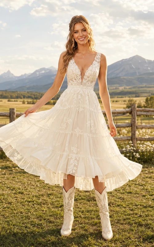 Country Tulle Lace A-Line V-Neck Tiered Tea-Length Wedding Dress