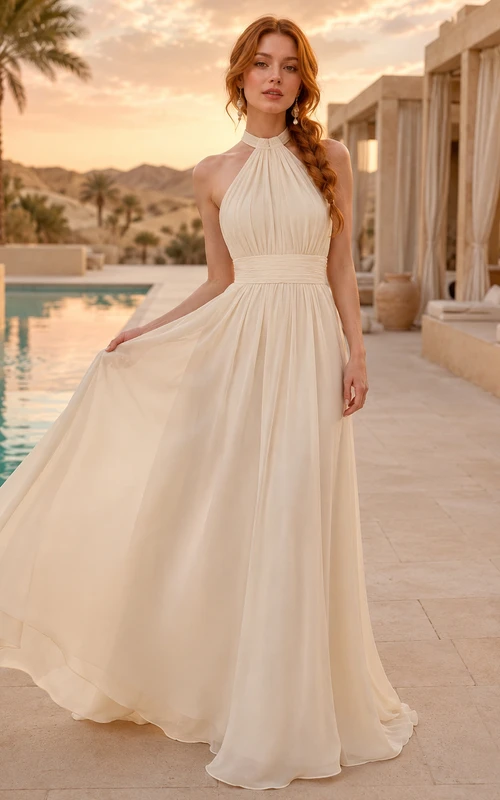 Pleated Halter Flowing Chiffon Desert Resort Elopement Dress