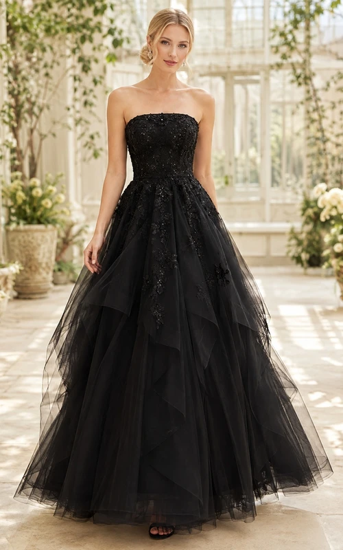 Black Strapless Lace Tulle Ball Gown Floral Texture Floor Length Formal Dress