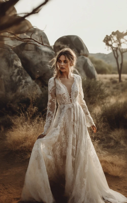 Vestido de novia bohemio de encaje con cuello en V y mangas largas