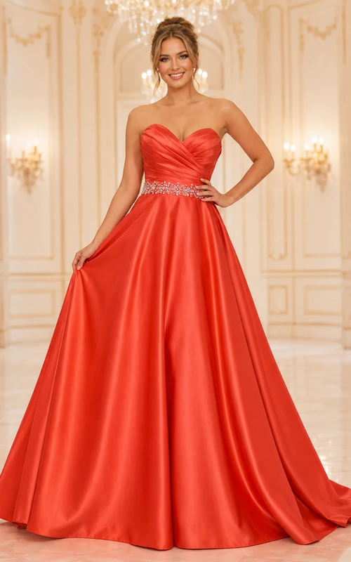Robe de bal en satin corail sans bretelles, décolleté cœur