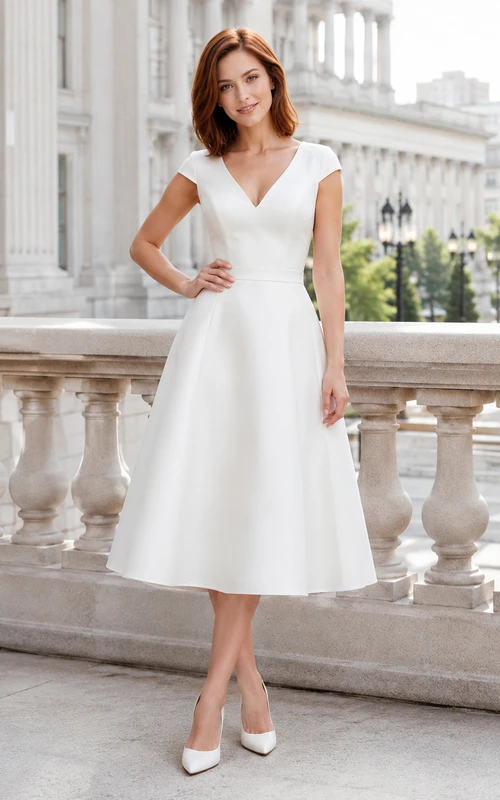wedding dresses cream V Neck Tea Length Embroidered Beaded Sleeveless Tea Length Wedding Dress VQ Waist Size:33″ Jacksonville fine dining at DIOSAS DE LA TIERRA White With Slit Built