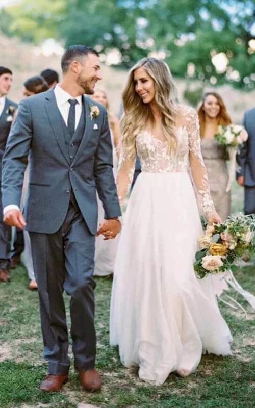 Keyhole Back Illusion Long Sleeve V-neck Chiffon Country Wedding Dress