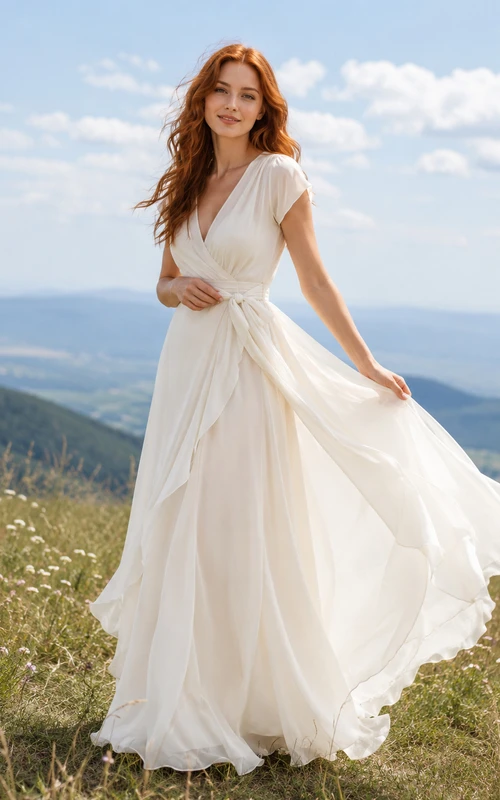 Short Sleeve Wrap Flowing Chiffon Hillside Elopement Dress
