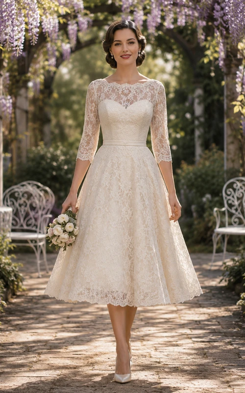 1950s Three Quarter Sleeve Lace Tea Length Bridal Dress