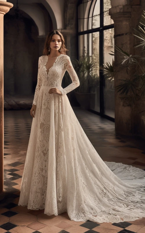 Vestido de novia de encaje con escote ilusión pronunciado y mangas largas de la princesa real