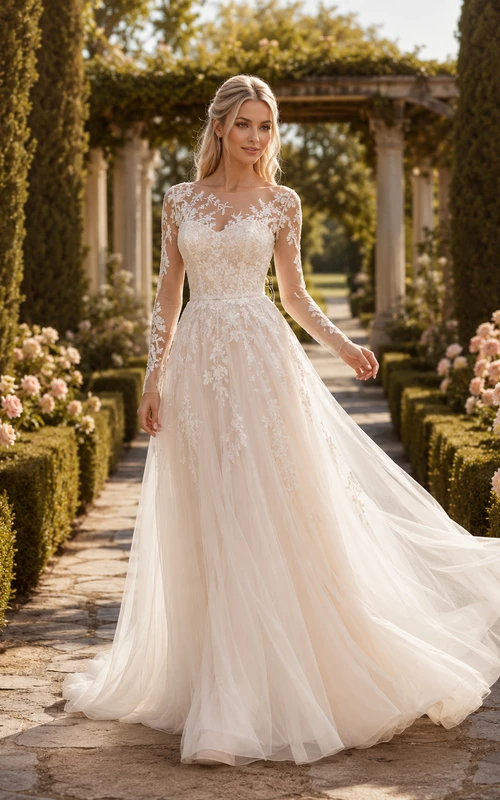 Garden Illusion Long Sleeve Lace Tulle A-Line Wedding Dress