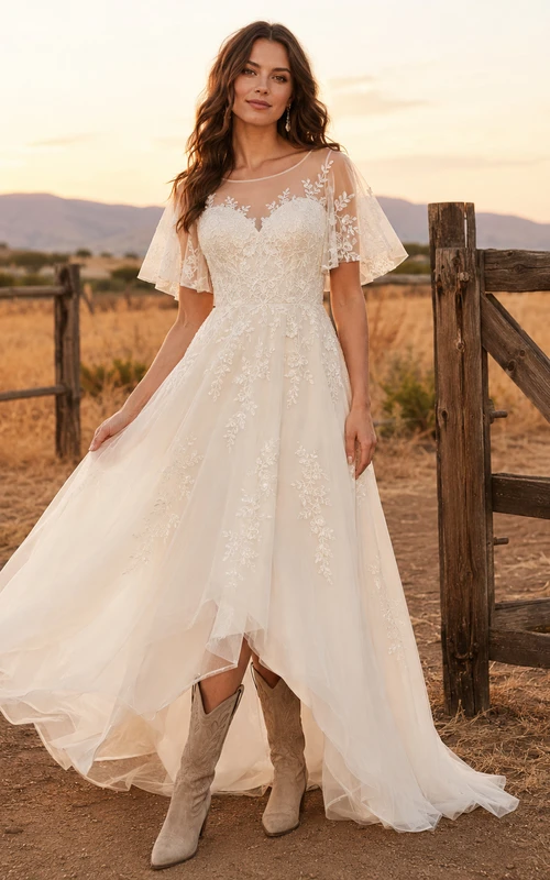 Boho Lace A-Line Illusion V-Neck Flutter Sleeve Wedding Dress