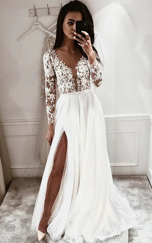 Lace Long Sleeve V-neck Front Split Chiffon Sweep Train Wedding Dress