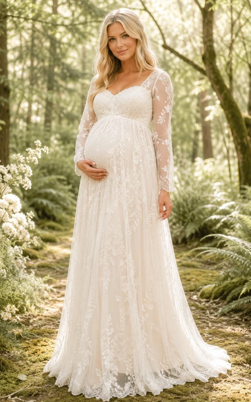 Woodland Maternity Long Illusion Sleeve V Neck Lace A-Line Sweep Train Wedding Gown