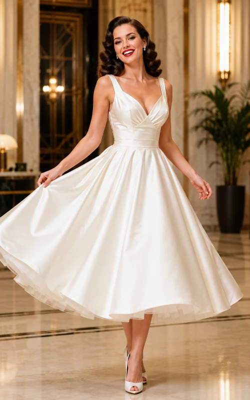 1950s Vintage V-Neck Straps Satin A-Line Tea-Length Courthouse Wedding Dress