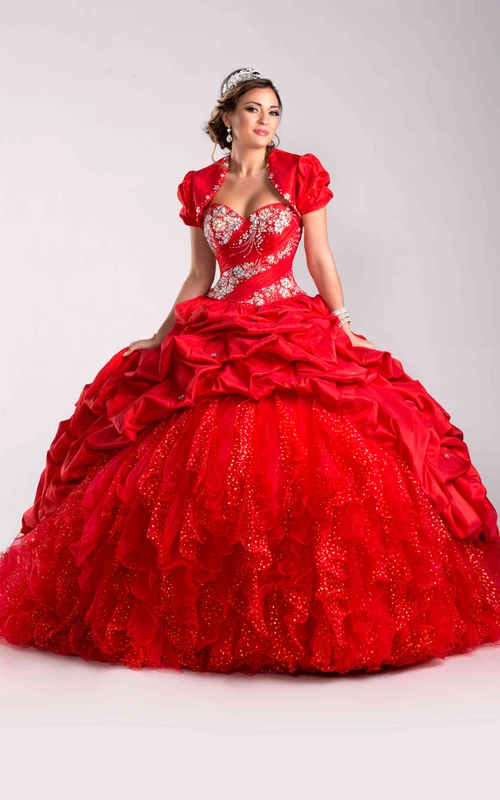 Robe de bal à dos lacé et veste assortie recouverte de sequins