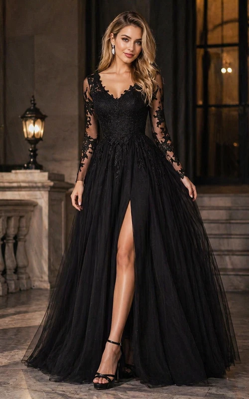 V-neck Tulle Long Sleeve Floor-length Evening Dress with Lace and Split Front