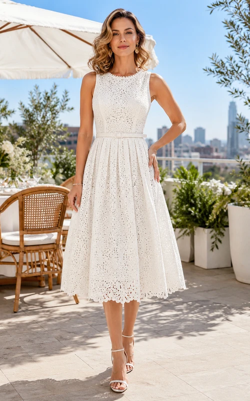 Bridal Brunch Jewel Neck Sleeveless Eyelet Tea Length A Line Dress