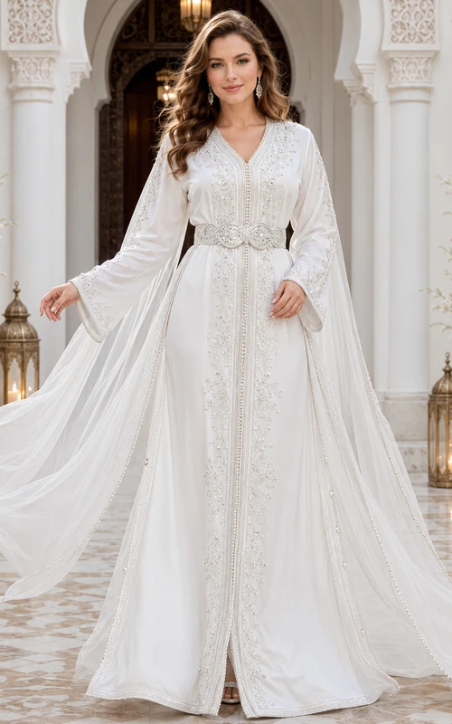 Elegantes marokkanisches Kaftan-Brautkleid mit V-Ausschnitt, langen Ärmeln und silberner Stickerei