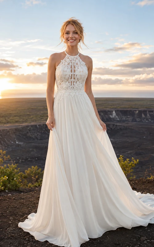 Boho High Neck Halter Lace Chiffon Destination Outdoor Wedding Gown