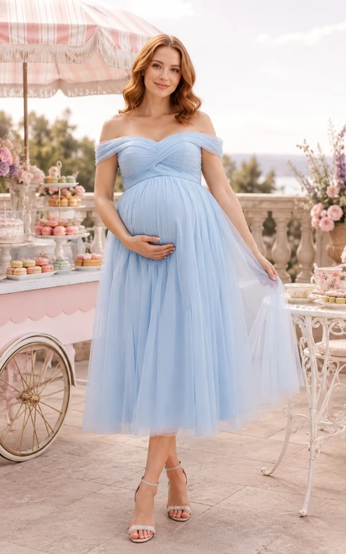 Sky Blue Off-the-Shoulder Short Sleeve Empire Maternity Chiffon Midi Dress